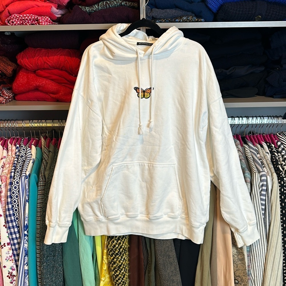 Brandy Melville white with butterfly long sleeve hoodie size XL